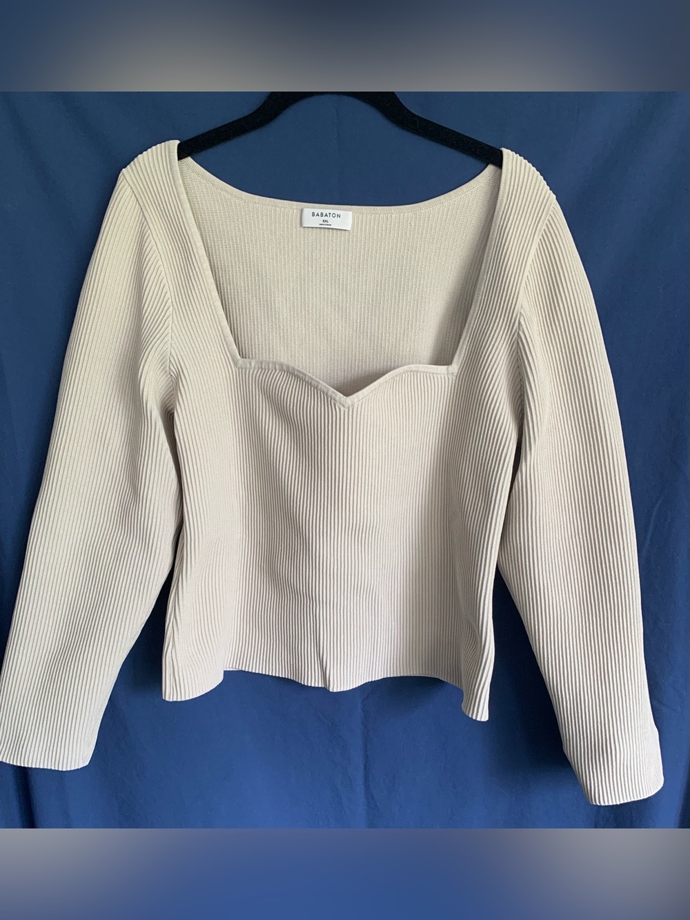 Babaton Cream Ribbed Square Sweetheart-Neck Long Sleeve Top